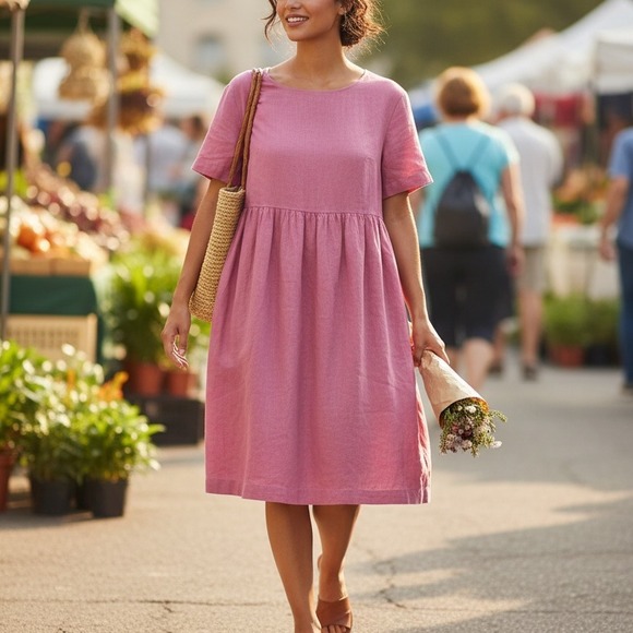 Linenfox Linen Blend Short Sleeve Knee-Length Dress Pink Women's Size XL - Picture 1 of 8